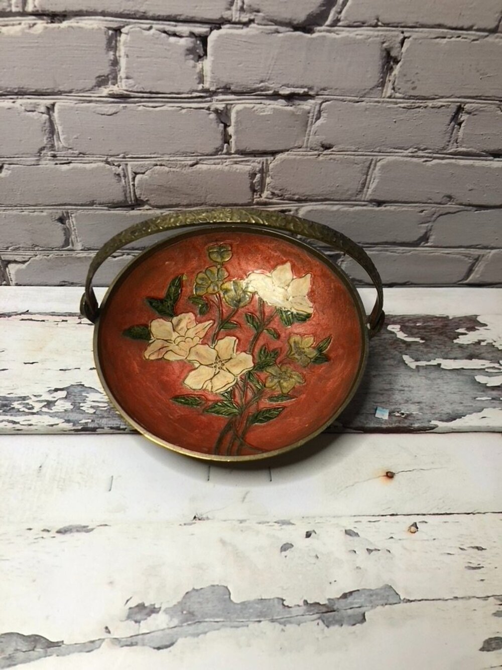 Vintage Indian Brass Enamel Bowl Dish Catchall Handle Decor Embossed Design